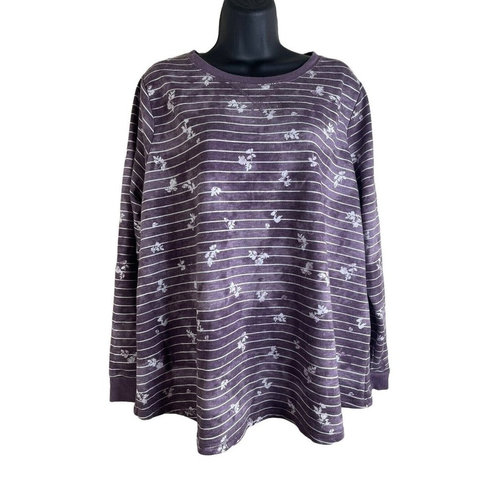 Sonoma Top Women Size XXL 1X 2X Purple Distressed Long Sleeve Shirt Stripe Comfy